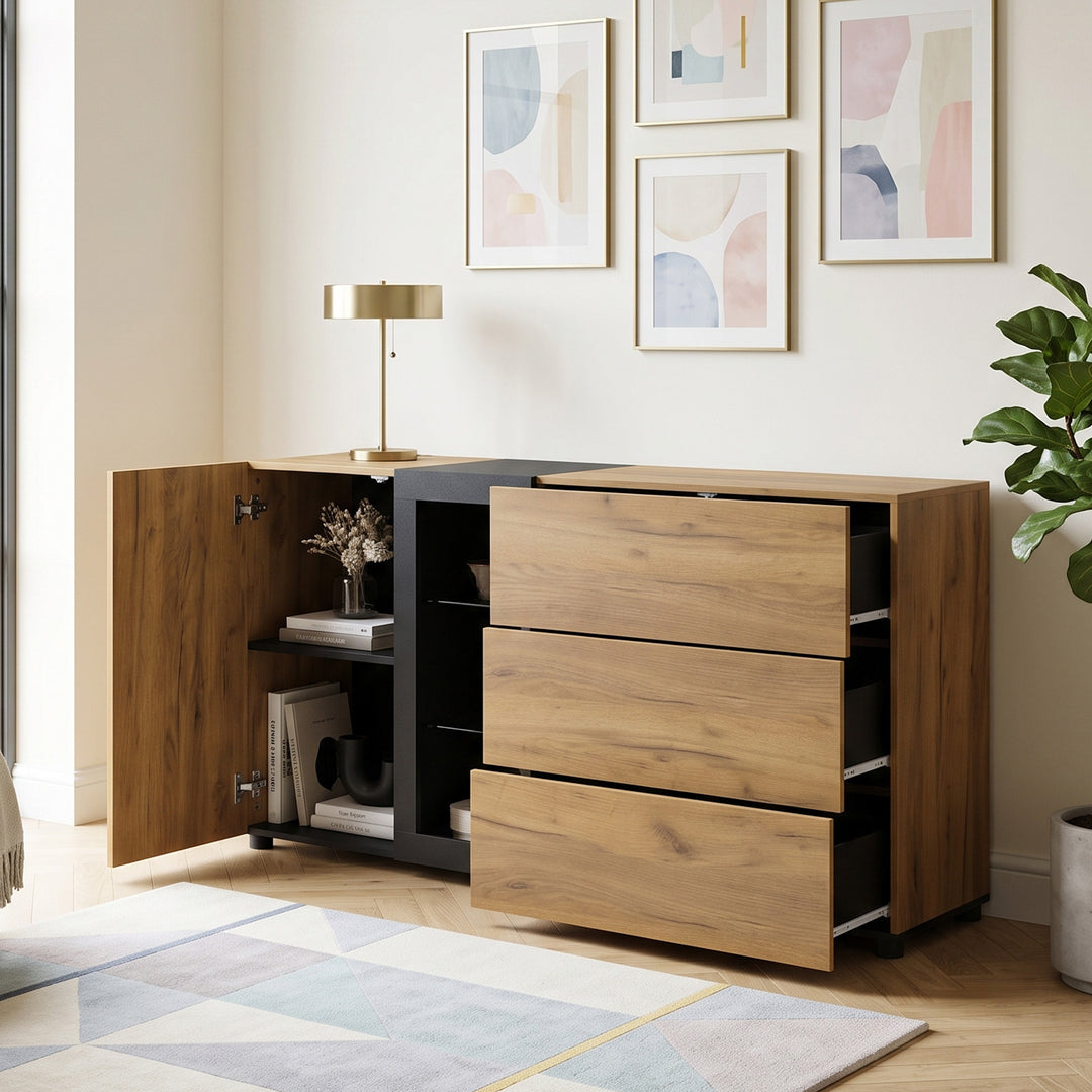 Wooden and Black Sideboard Cabinet with 3 Drawers, Glass Shelves and LED Lights 140 cm TRISHELF
