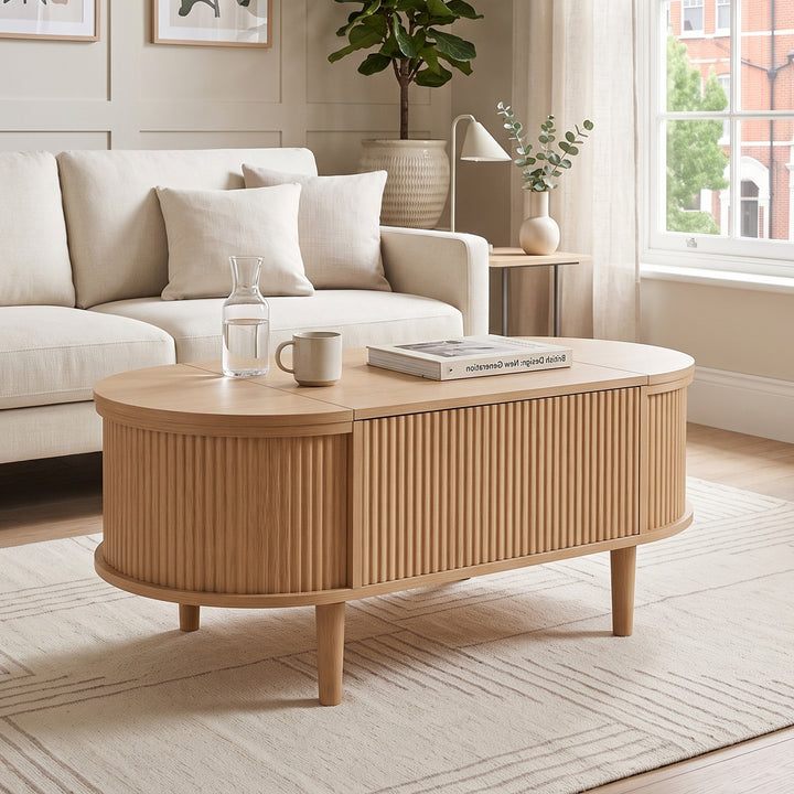 Lift Up Wooden Oval Coffee Table with Storage 100cm TRISOFA