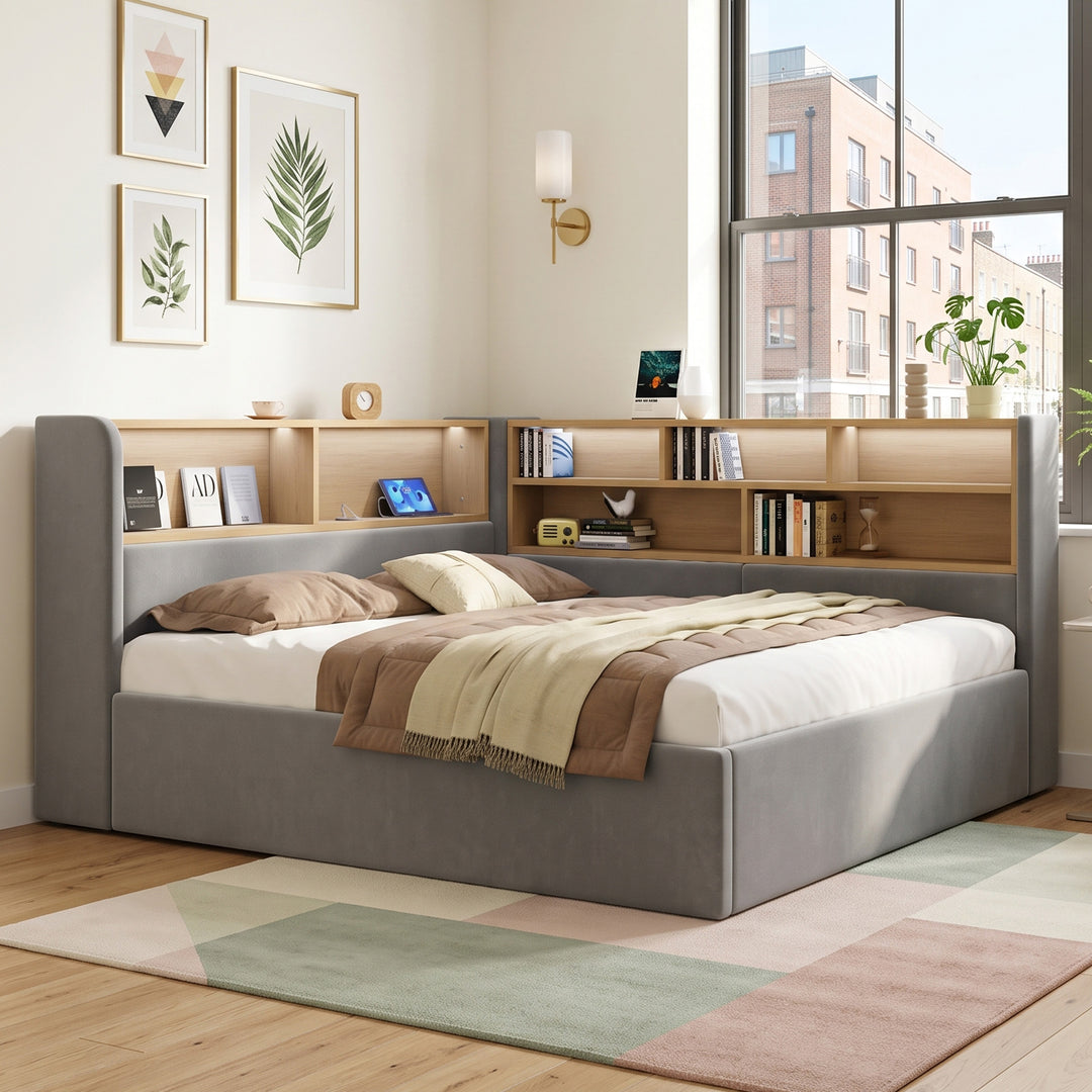 Grey Double Ottoman End Opening Daybed with Storage and LED 135 x 190 cm TRISTOOL
