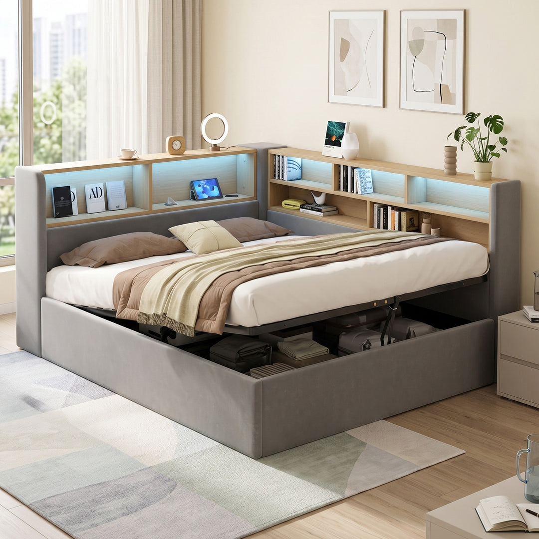 Grey Double Ottoman End Opening Daybed with Storage and LED 135 x 190 cm TRISTOOL