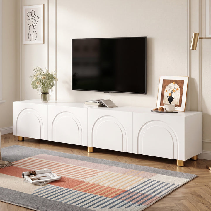 Contemporary White TV Cabinet with 4-Door Arched Design and Gold Legs 180cm TRITRAY