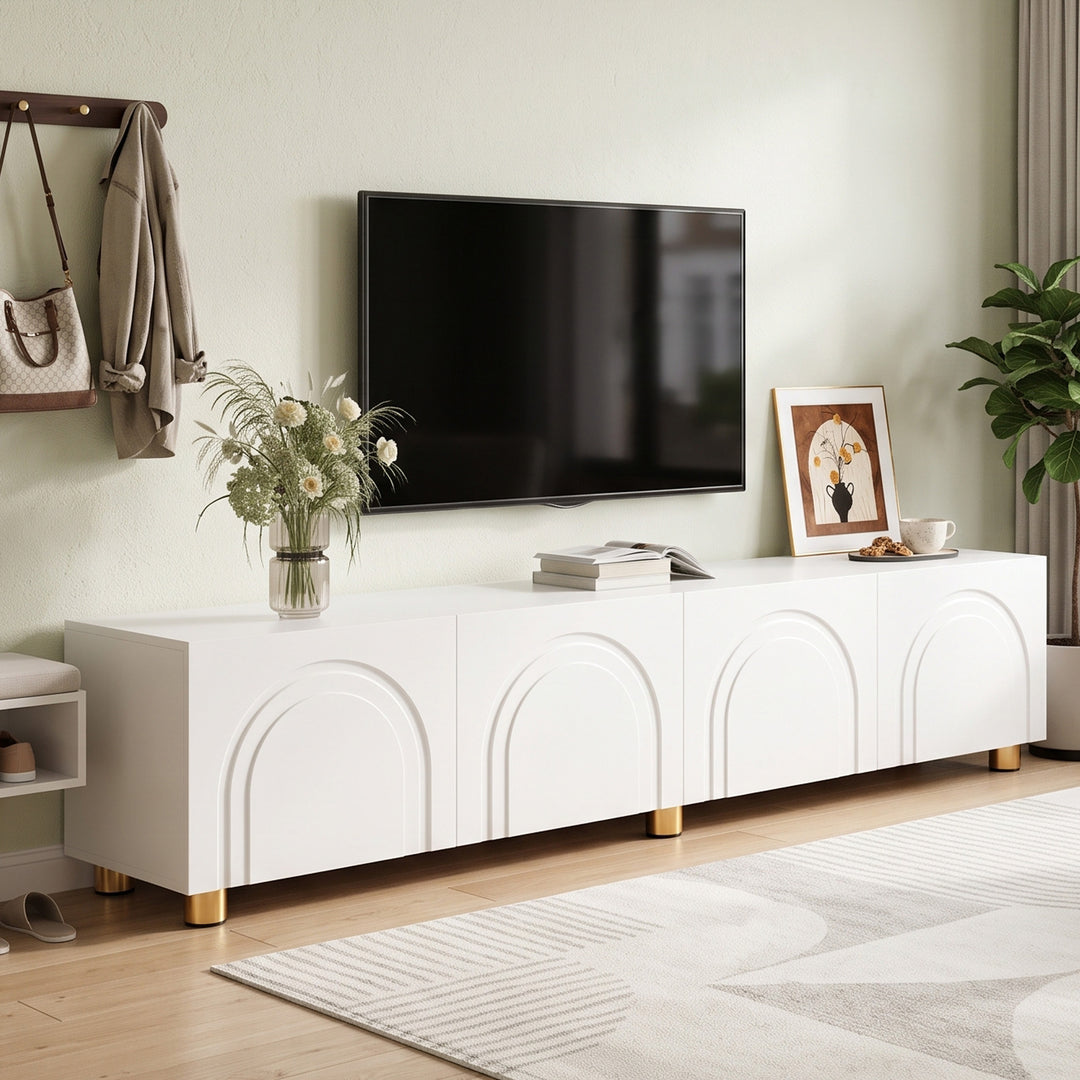 Contemporary White TV Cabinet with 4-Door Arched Design and Gold Legs 180cm TRITRAY