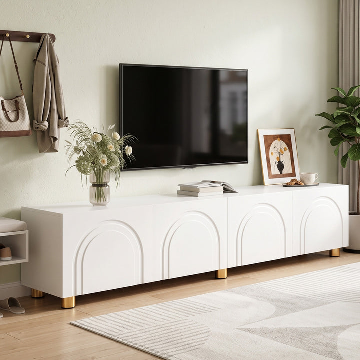 Contemporary White TV Cabinet with 4-Door Arched Design and Gold Legs 180cm TRITRAY
