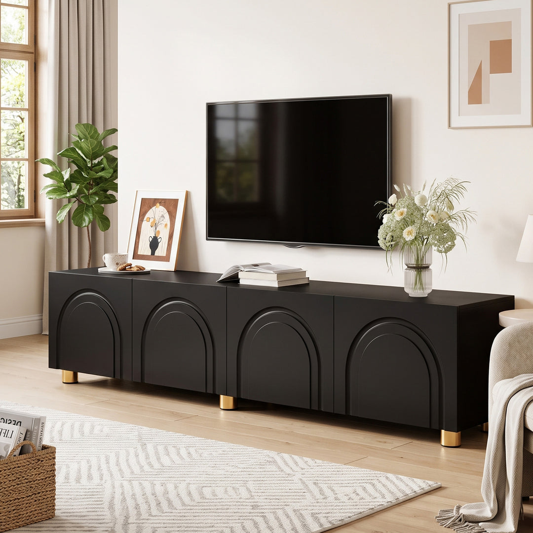 Black TV Cabinet with 4-Door Arch Relief Golden Legs 180 cm TRITRUNK
