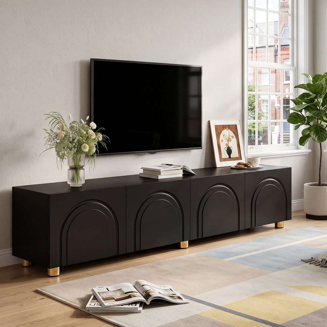 Black TV Cabinet with 4-Door Arch Relief Golden Legs 180 cm TRITRUNK