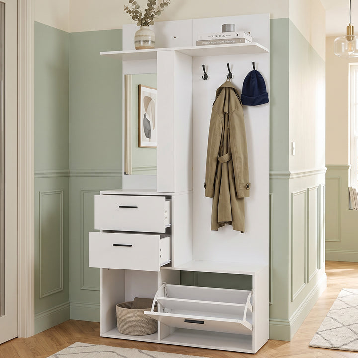 White Hall Tree with Mirror, Coat Racks, Drawers and Shoe Storage 180 cm TRIVANITY