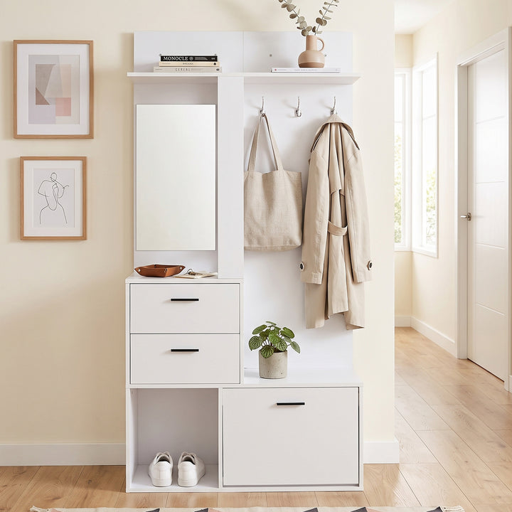 White Hall Tree with Mirror, Coat Racks, Drawers and Shoe Storage 180 cm TRIVANITY
