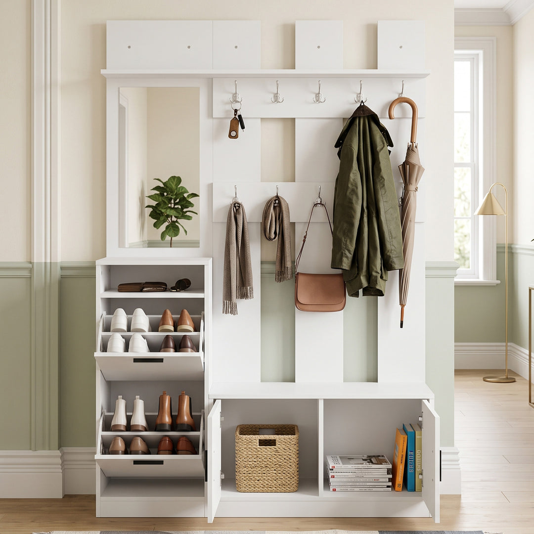 White Hall Tree Mirror, Coat Rack and Bench Shoe Storage 180cm TRIVASE