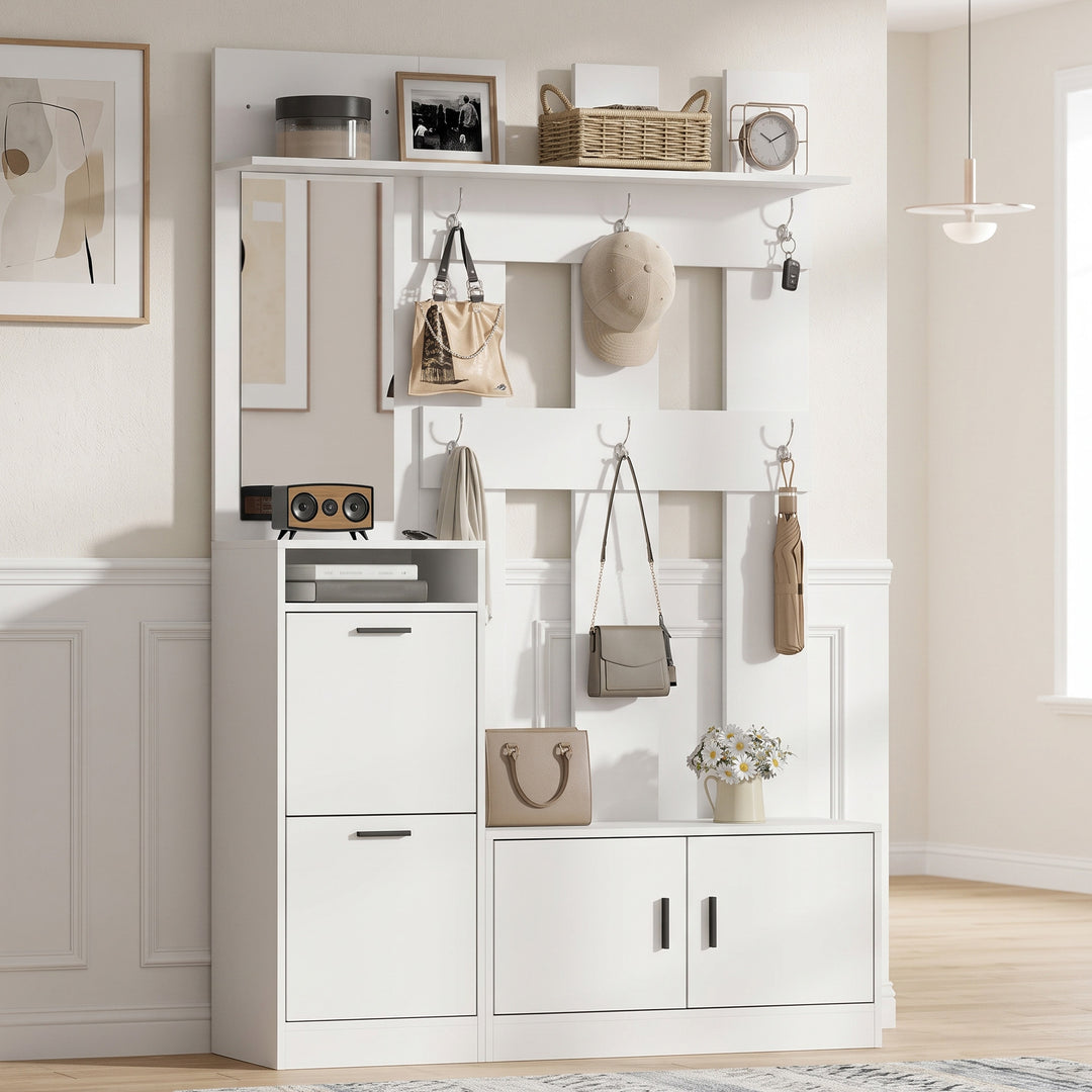White Hall Tree Mirror, Coat Rack and Bench Shoe Storage 180cm TRIVASE