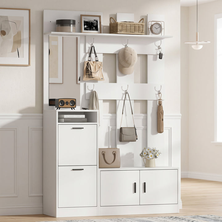 White Hall Tree Mirror, Coat Rack and Bench Shoe Storage 180cm TRIVASE