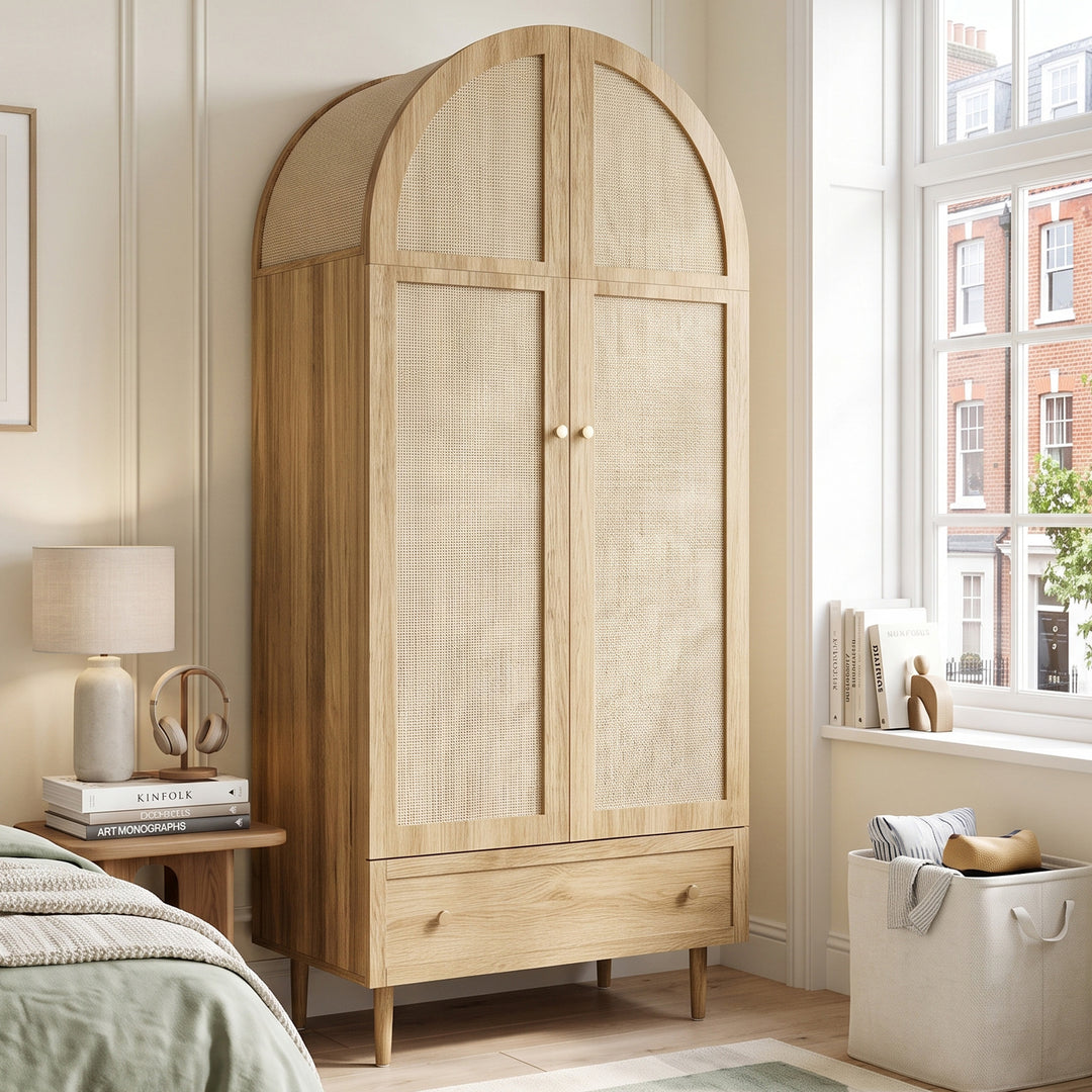 Wood-Look Arche Wardrobe with Fabric Doors and Drawer 79x50x175cm TRIWALL