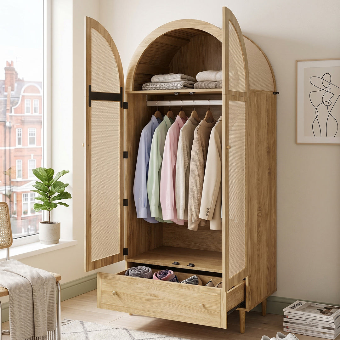 Wood-Look Arche Wardrobe with Fabric Doors and Drawer 79x50x175cm TRIWALL
