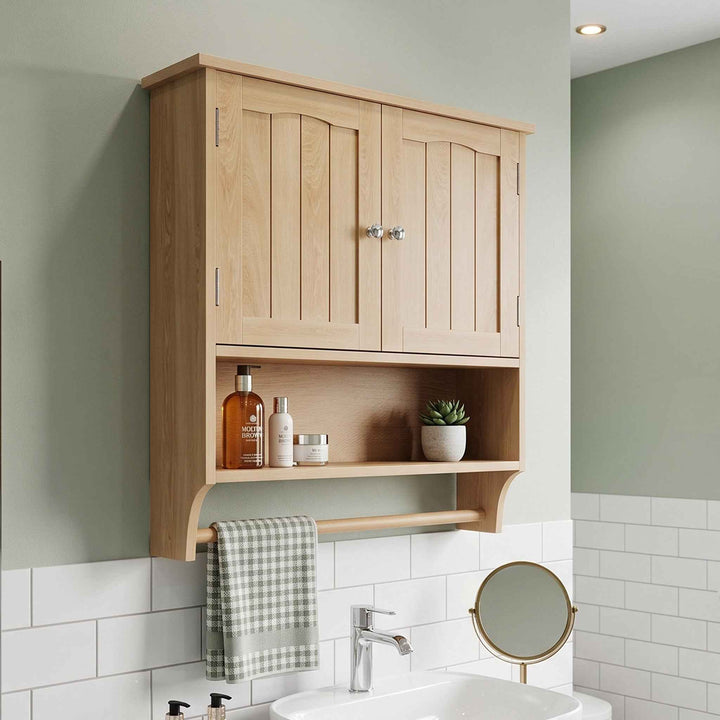 00+Wall Mounted Bathroom Cabinet 60 x 20 x 70 cm Oak with Adjustable Shelf, Towel Rail TRIWARDROBE
