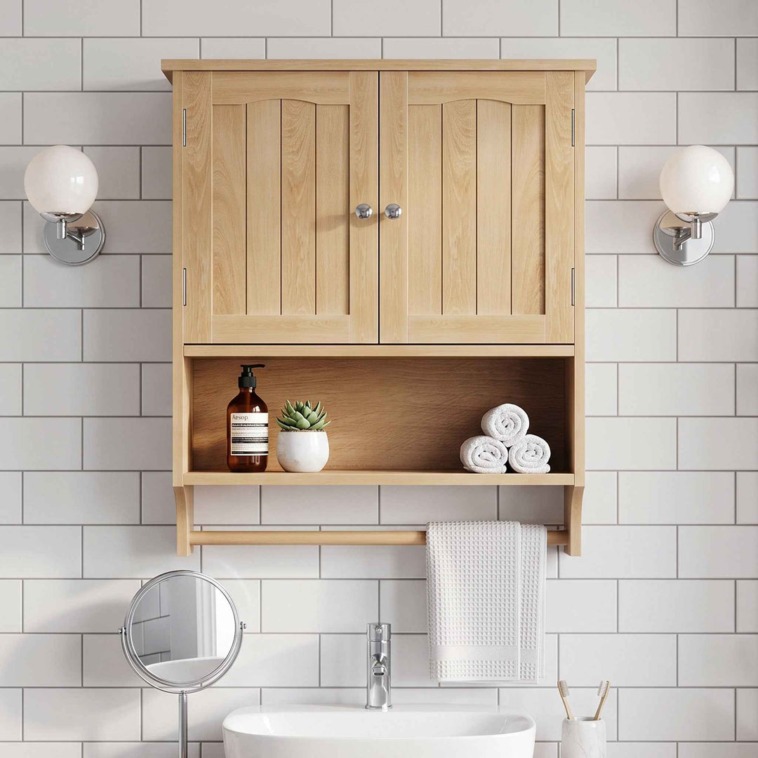 00+Wall Mounted Bathroom Cabinet 60 x 20 x 70 cm Oak with Adjustable Shelf, Towel Rail TRIWARDROBE