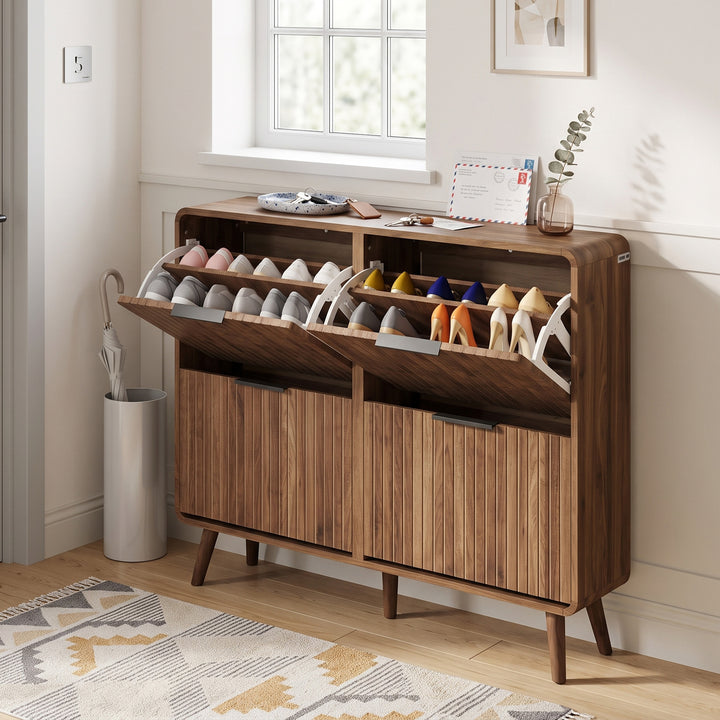 Vintage Walnut Shoe Cabinet with 4 Flip Doors Storage for Hallways 105 cm TRUNKAIR