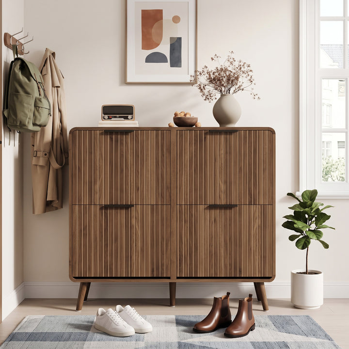 Vintage Walnut Shoe Cabinet with 4 Flip Doors Storage for Hallways 105 cm TRUNKAIR