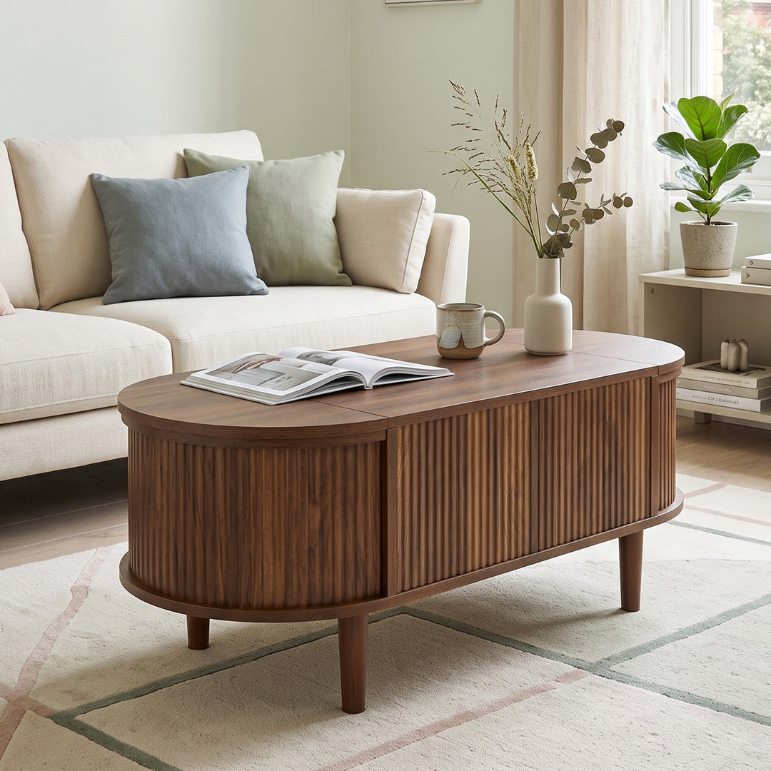 Vintage Walnut Lift Top Coffee Table with Side Storage 100cm TRUNKART