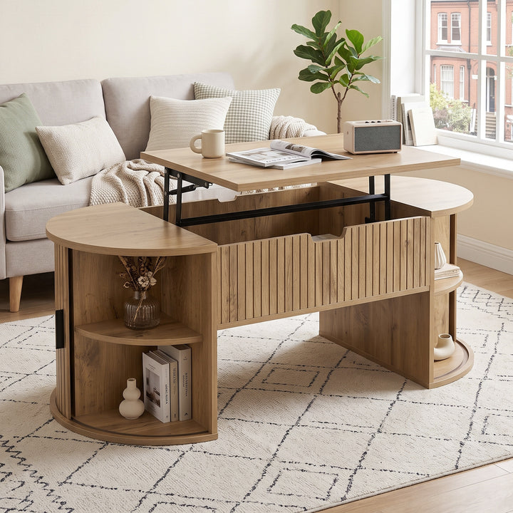 Retro Wooden Round-Ends Lift-Top Coffee Table with Tambour Sliding Doors 100cm TRUNKBROWN