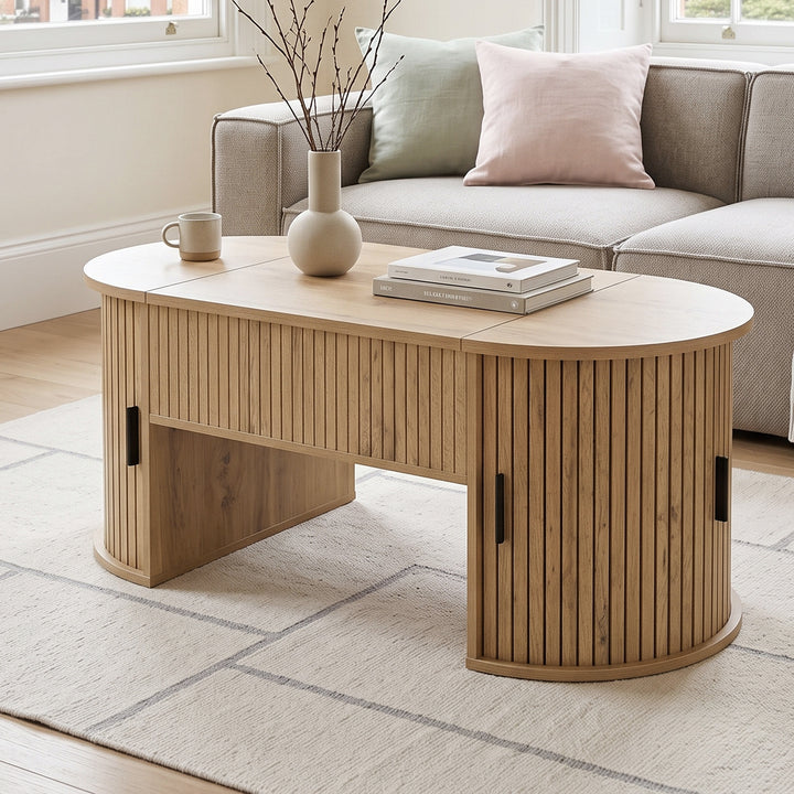 Retro Wooden Round-Ends Lift-Top Coffee Table with Tambour Sliding Doors 100cm TRUNKBROWN