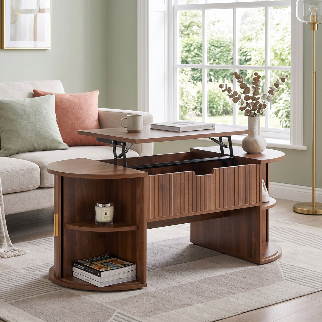 Retro Walnut Round-Ends Lift-Top Wooden Coffee Table with Tambour Sliding Doors 100cm TRUNKEDGE