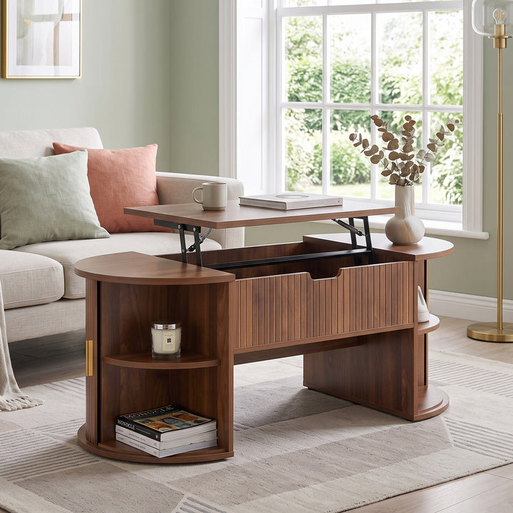 Retro Walnut Round-Ends Lift-Top Wooden Coffee Table with Tambour Sliding Doors 100cm TRUNKEDGE