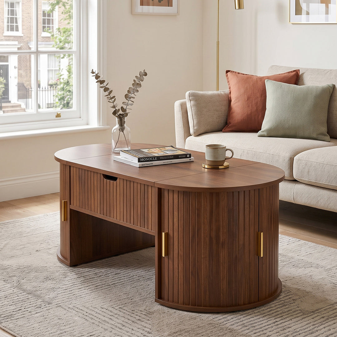 Retro Walnut Round-Ends Lift-Top Wooden Coffee Table with Tambour Sliding Doors 100cm TRUNKEDGE