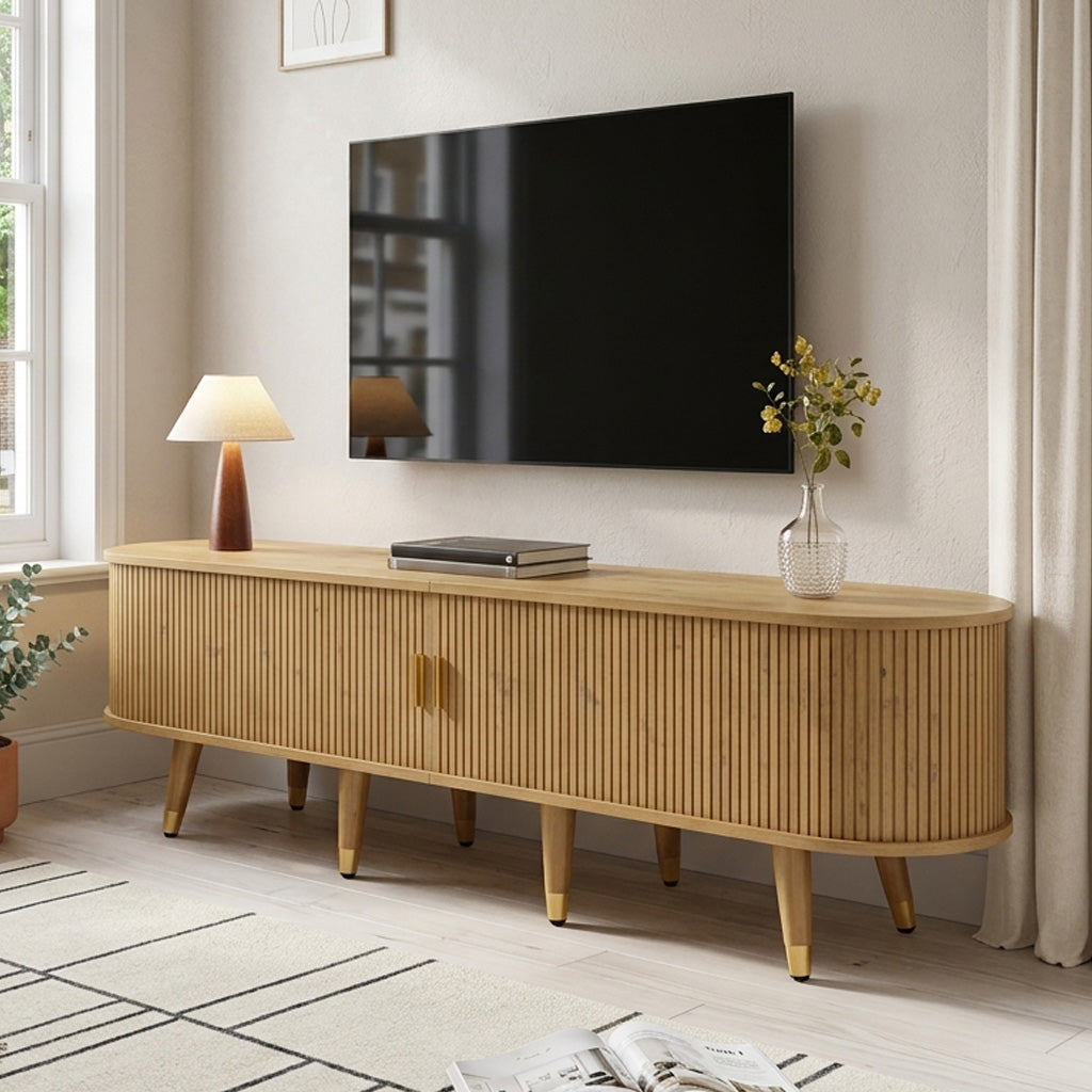 Wood-Look TV Stand Cabinet with Sliding Door and Storage 175 cm TRUNKFLOW