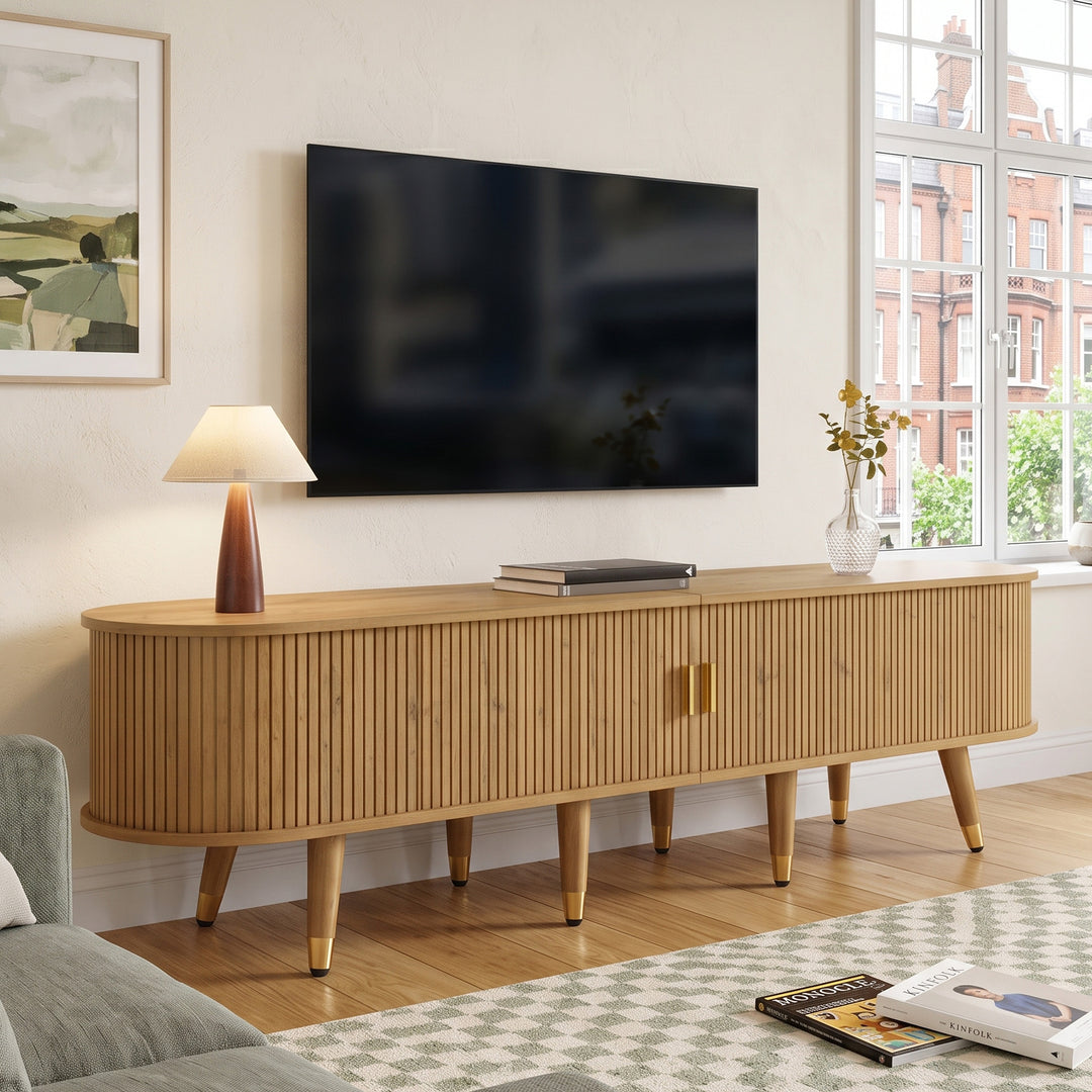 Wood-Look TV Stand Cabinet with Sliding Door and Storage 175 cm TRUNKFLOW