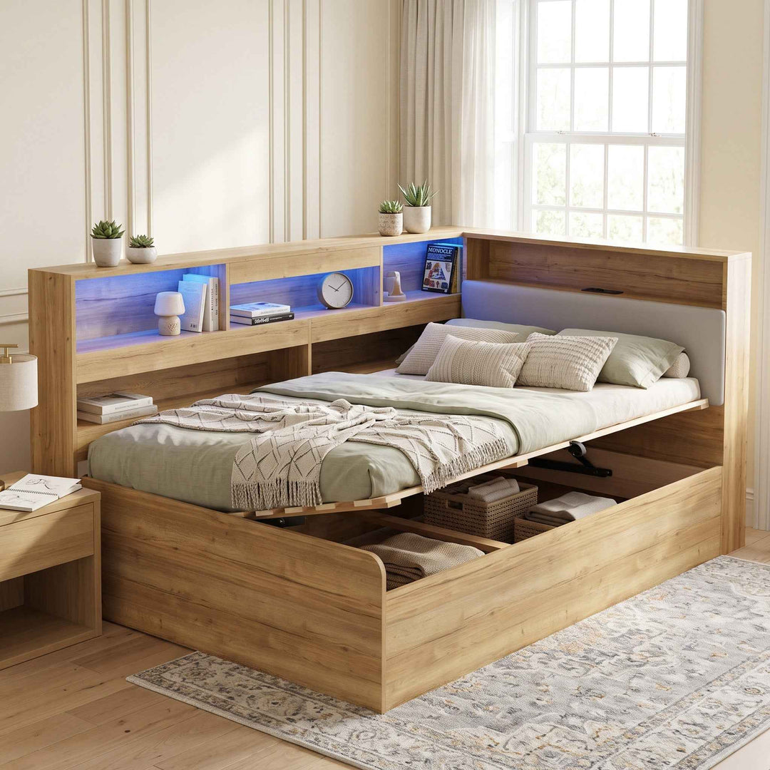 00+Daybed 90 x 190 cm MDF Natural, Hydraulic Storage Bed with LED, USB & USB-C TRUNKLINE