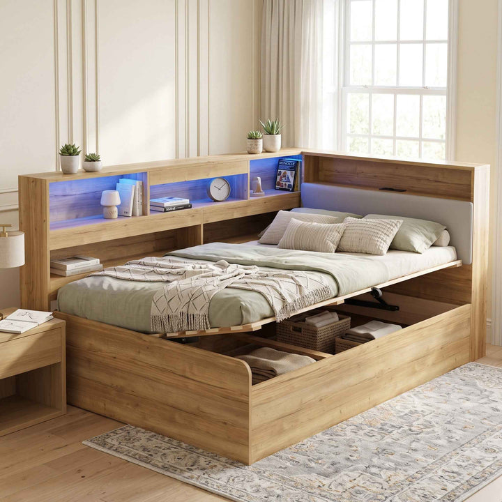00+Daybed 90 x 190 cm MDF Natural, Hydraulic Storage Bed with LED, USB & USB-C TRUNKLINE