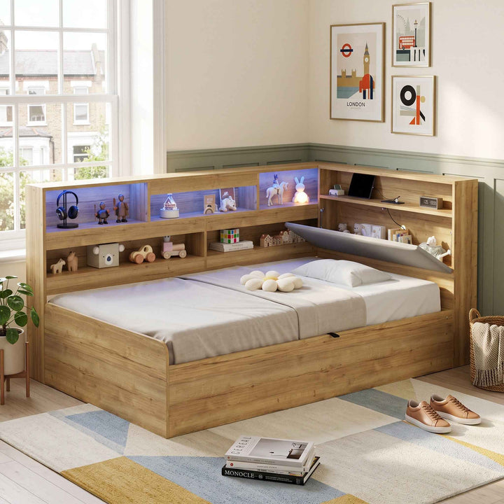 00+Daybed 90 x 190 cm MDF Natural, Hydraulic Storage Bed with LED, USB & USB-C TRUNKLINE