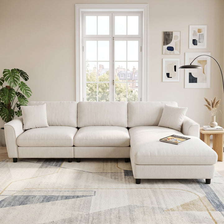 L-Shaped 3-Seater Sectional Sofa Beige Chenille with Reversible Chaise 256cm TRUNKMARBLE