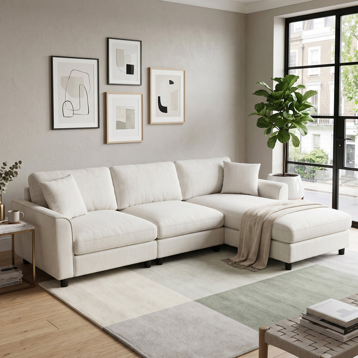 L-Shaped 3-Seater Sectional Sofa Beige Chenille with Reversible Chaise 256cm TRUNKMARBLE