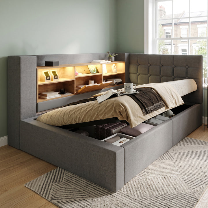 Single Daybed 3ft Grey Linen Upholstered Bed with Hydraulic Storage and LED Lights 90x190cm TRUNKMAX