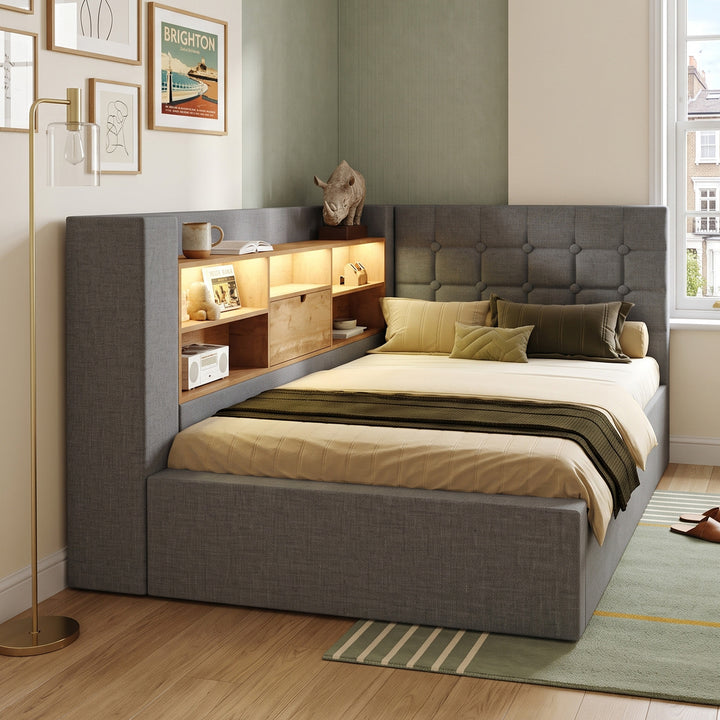 Single Daybed 3ft Grey Linen Upholstered Bed with Hydraulic Storage and LED Lights 90x190cm TRUNKMAX