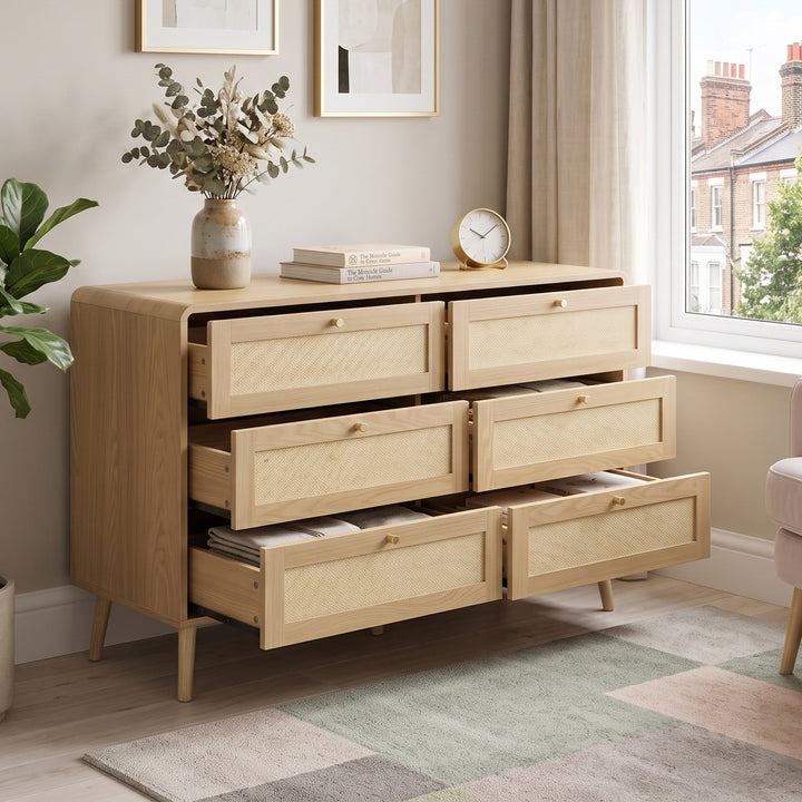 Natural Oak Scandinavian Sideboard with 6 Drawers Rattan-Effect 120cm TRUNKONE