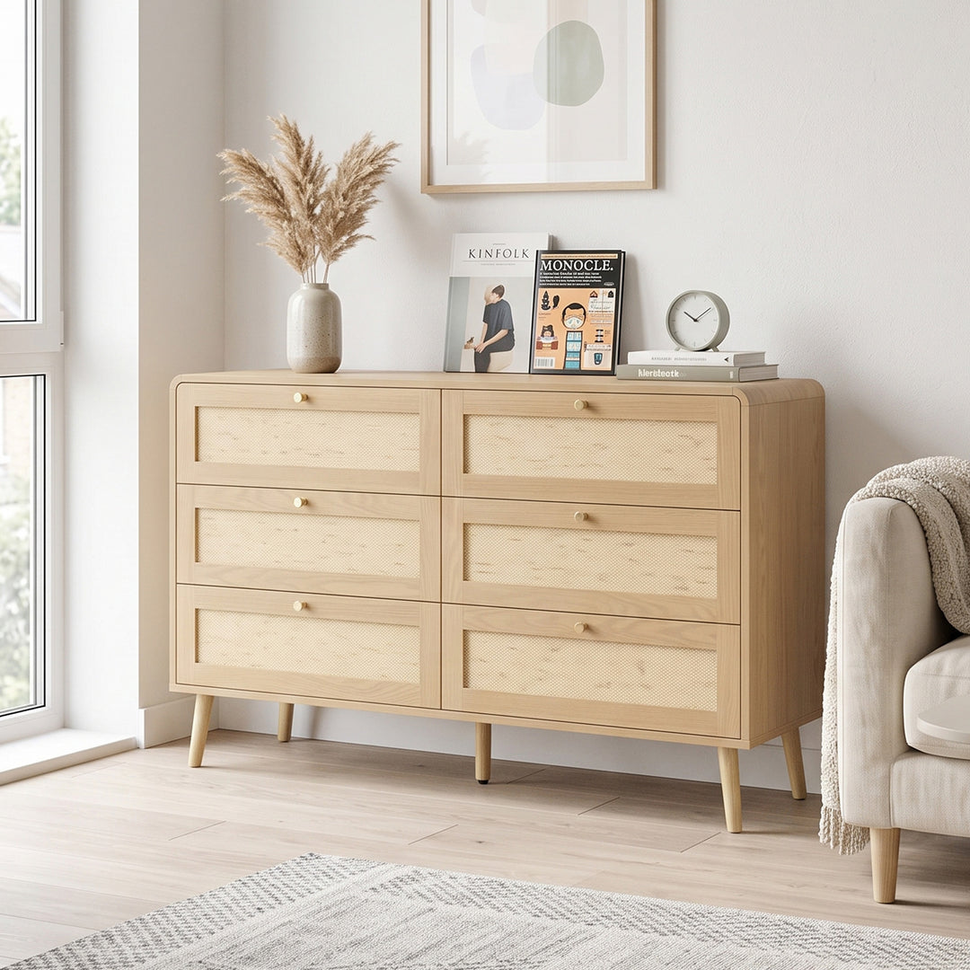 Natural Oak Scandinavian Sideboard with 6 Drawers Rattan-Effect 120cm TRUNKONE