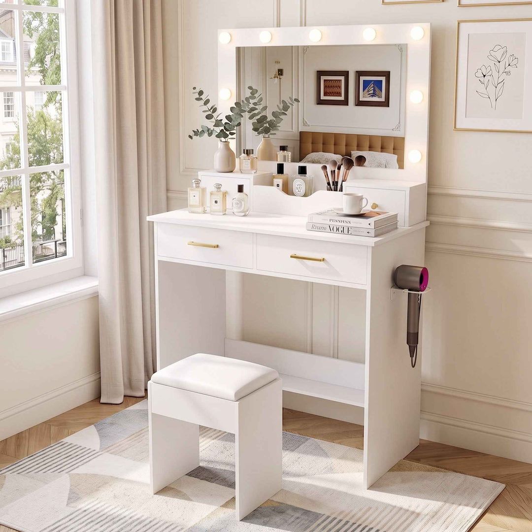 00+Makeup Vanity Table White with 9 LED Bulbs, 4 Drawers, Mirror, Socket & Stool TRUNKPLASTIC