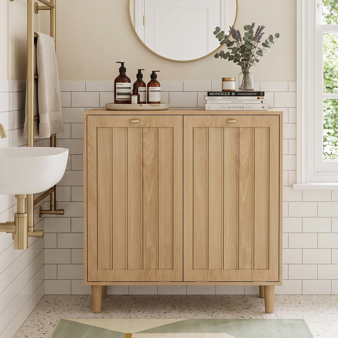 Laundry Basket Cabinet Oak with 2 Removable Baskets for Bathroom TRUNKPLUS