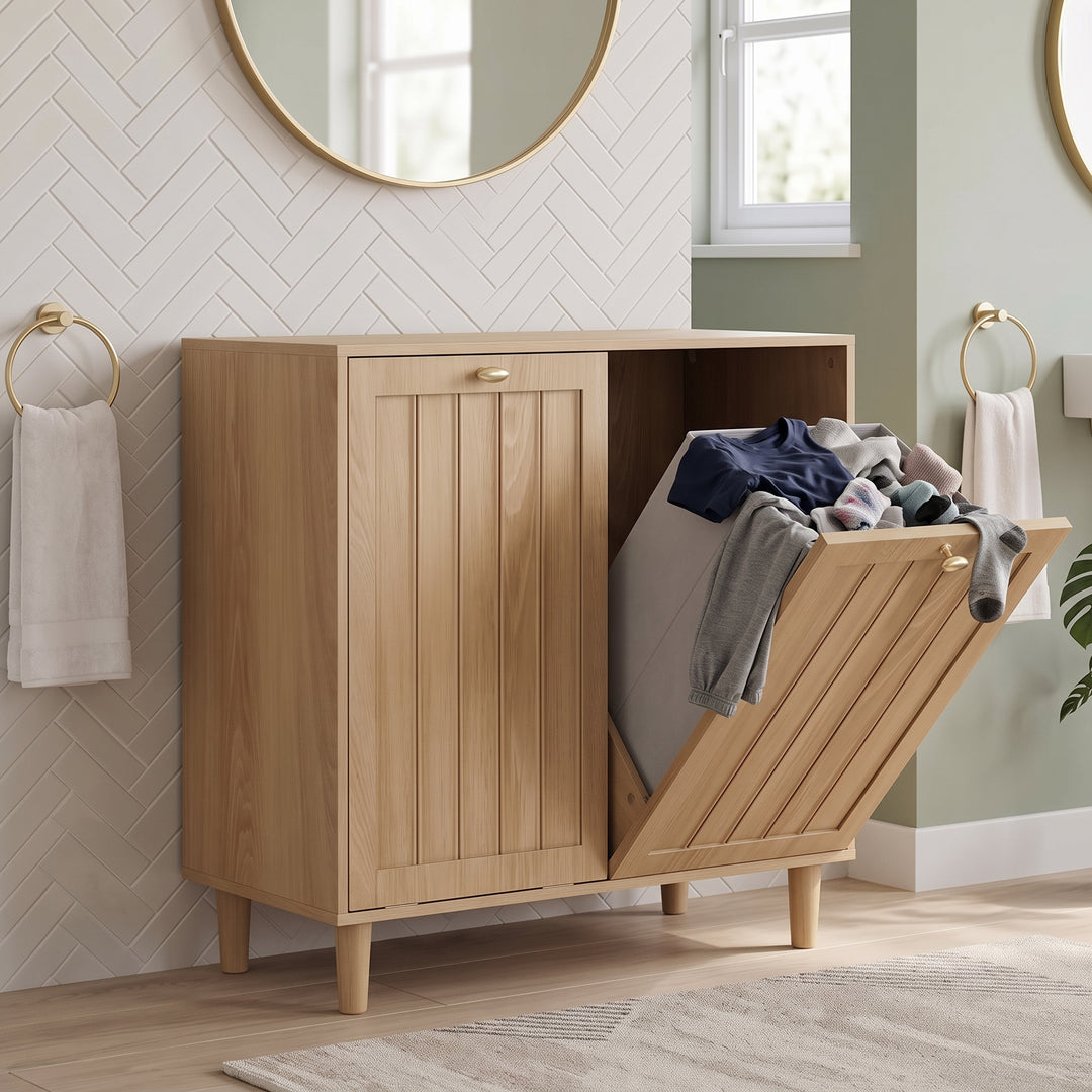 Laundry Basket Cabinet Oak with 2 Removable Baskets for Bathroom TRUNKPLUS