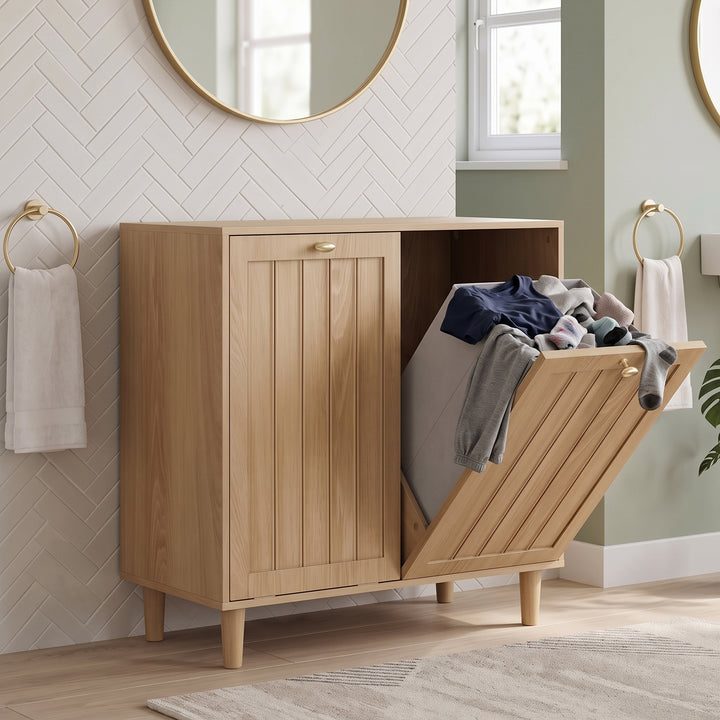 Laundry Basket Cabinet Oak with 2 Removable Baskets for Bathroom TRUNKPLUS