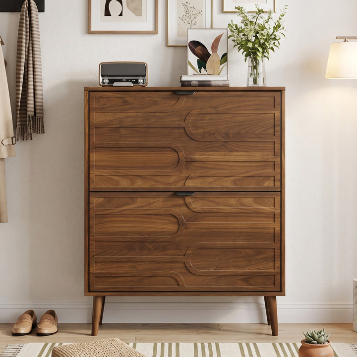 Walnut Shoe Storage Cabinet with 2 Flip Drawers Farmhouse Style 80cm TRUNKPRO