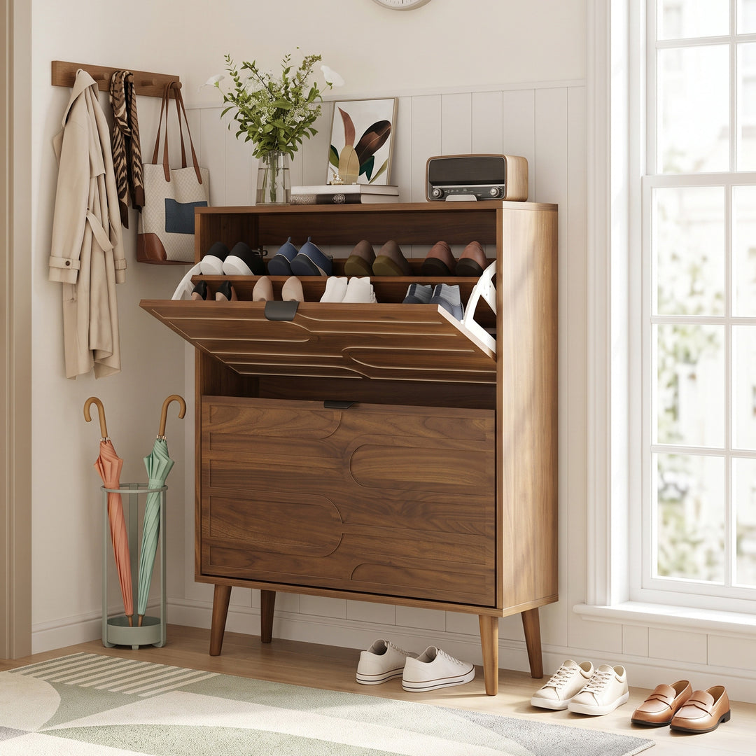 Walnut Shoe Storage Cabinet with 2 Flip Drawers Farmhouse Style 80cm TRUNKPRO