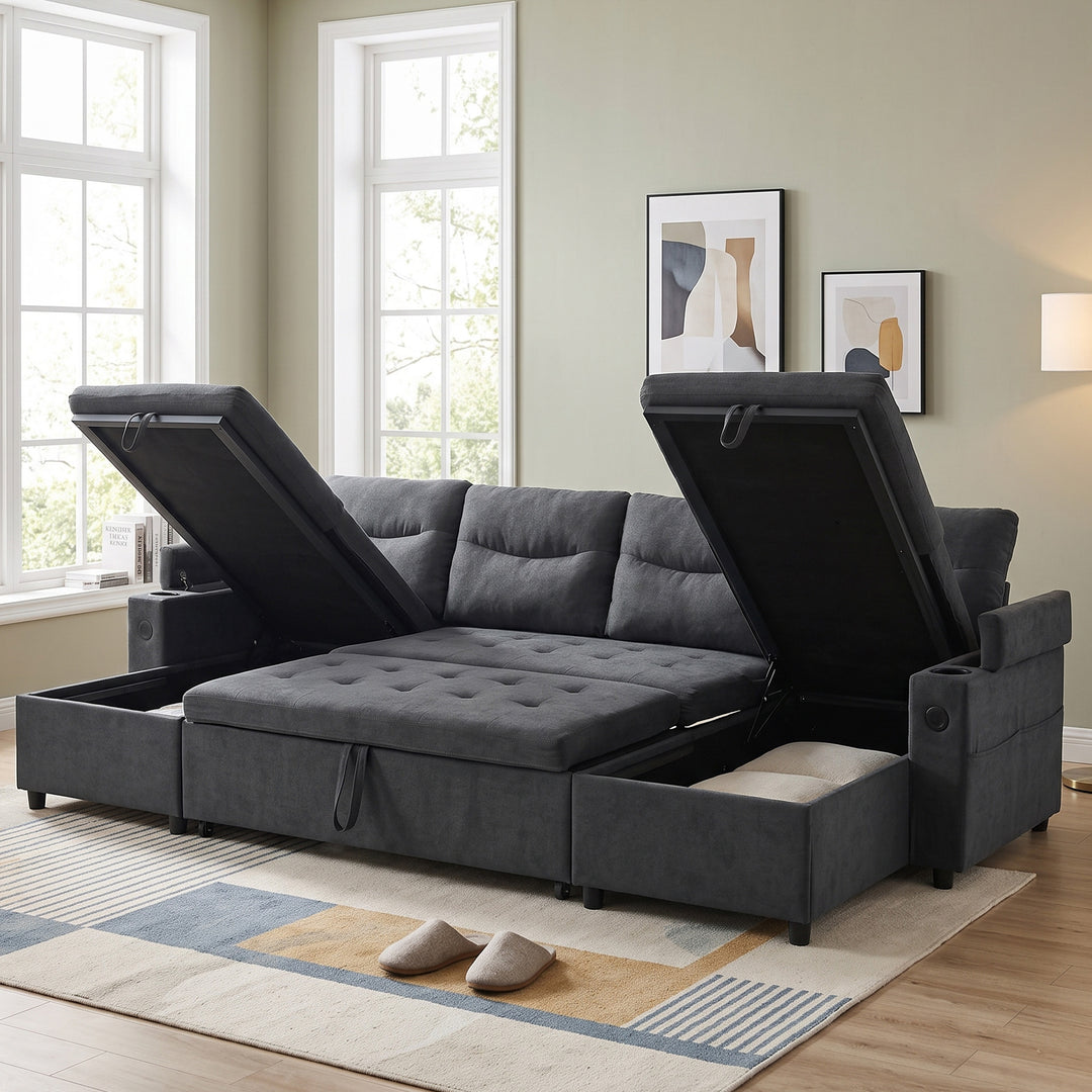 4-Seater Linen U-Shaped Sectional Sofa, Dark Gray Pull-Out Sleeper Couch Bed with Storage Chaises and Cup Holders 272cm TRUNKSET
