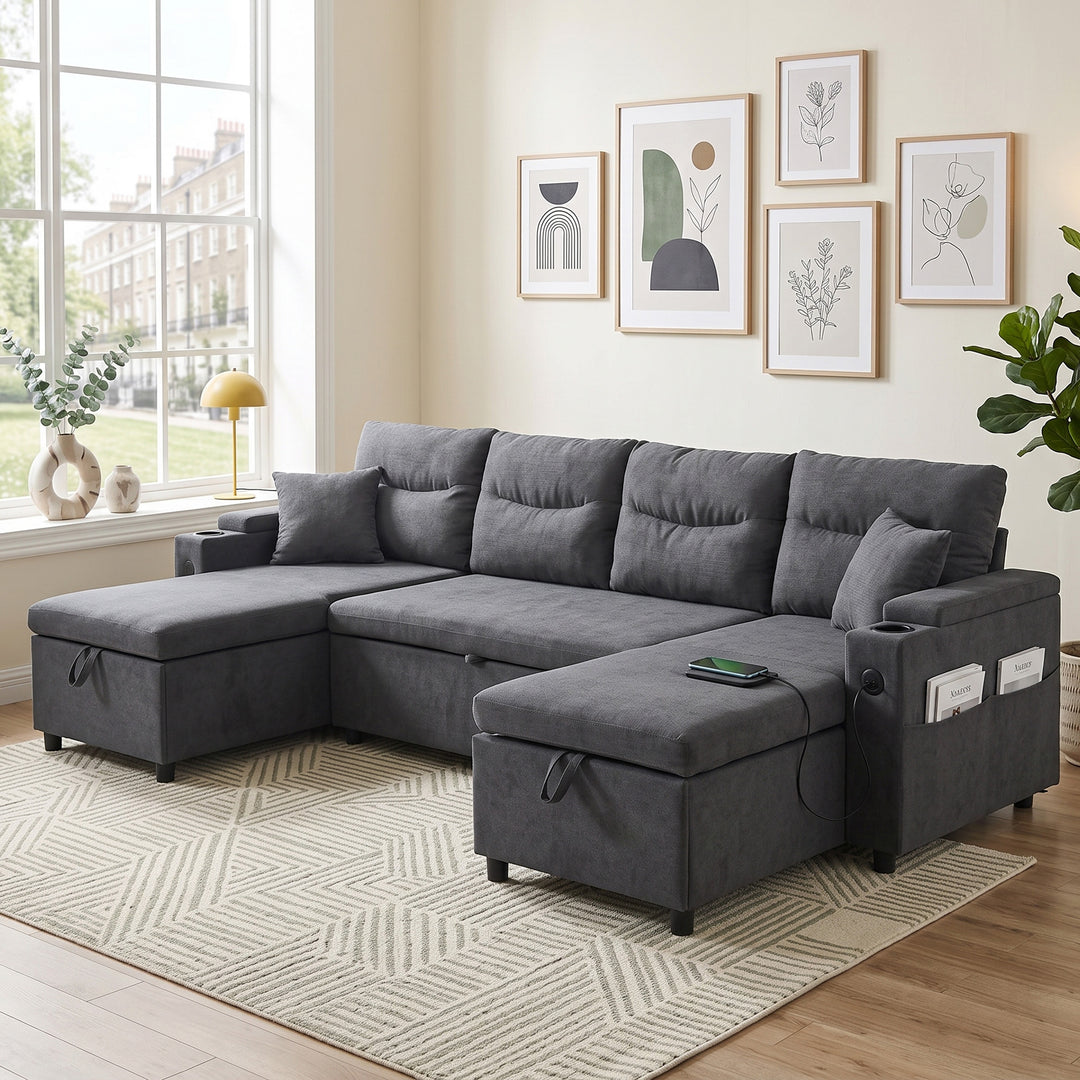 4-Seater Linen U-Shaped Sectional Sofa, Dark Gray Pull-Out Sleeper Couch Bed with Storage Chaises and Cup Holders 272cm TRUNKSET