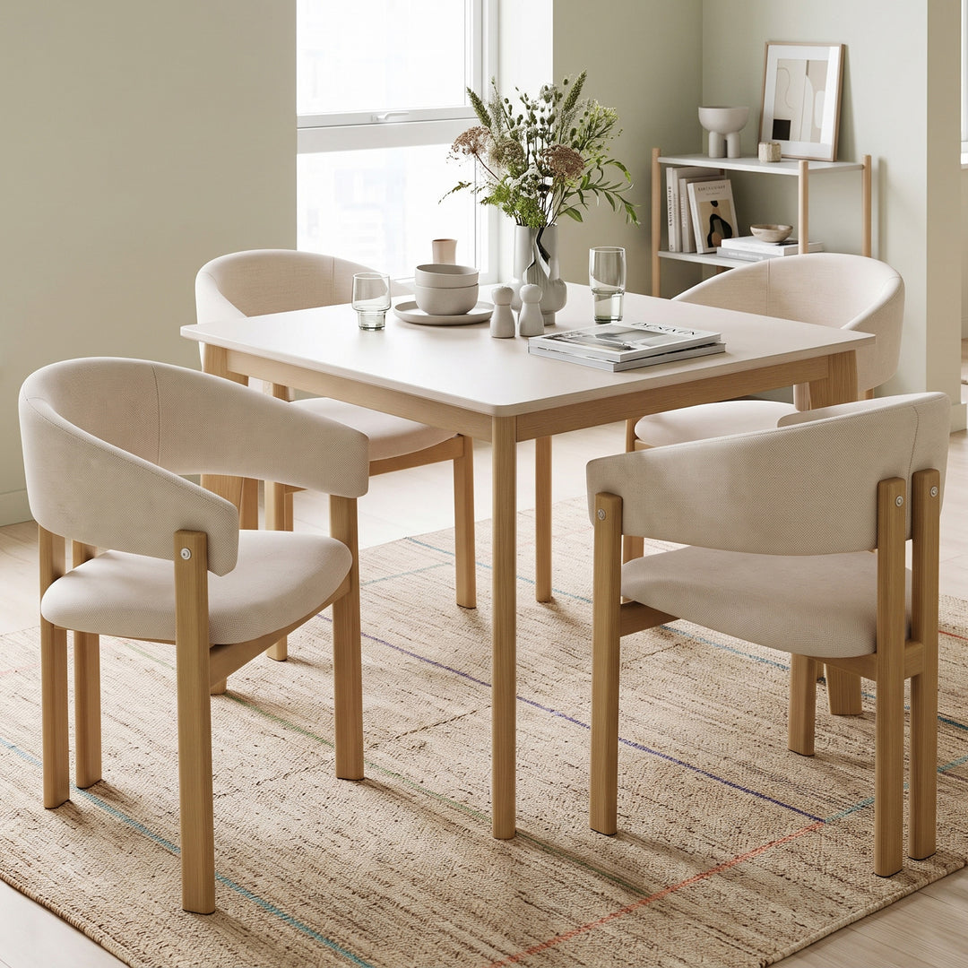 Set of 2 Wooden Dining Chairs Beige Linen Upholstered Armchairs TRUNKSTONE