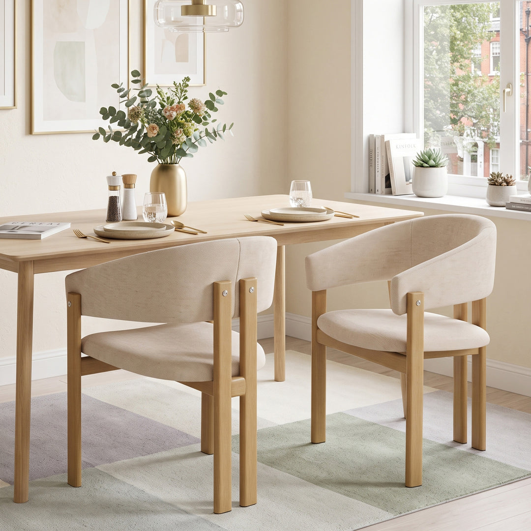 Set of 2 Wooden Dining Chairs Beige Linen Upholstered Armchairs TRUNKSTONE