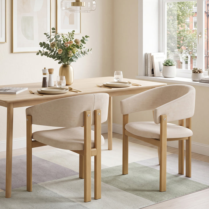 Set of 2 Wooden Dining Chairs Beige Linen Upholstered Armchairs TRUNKSTONE