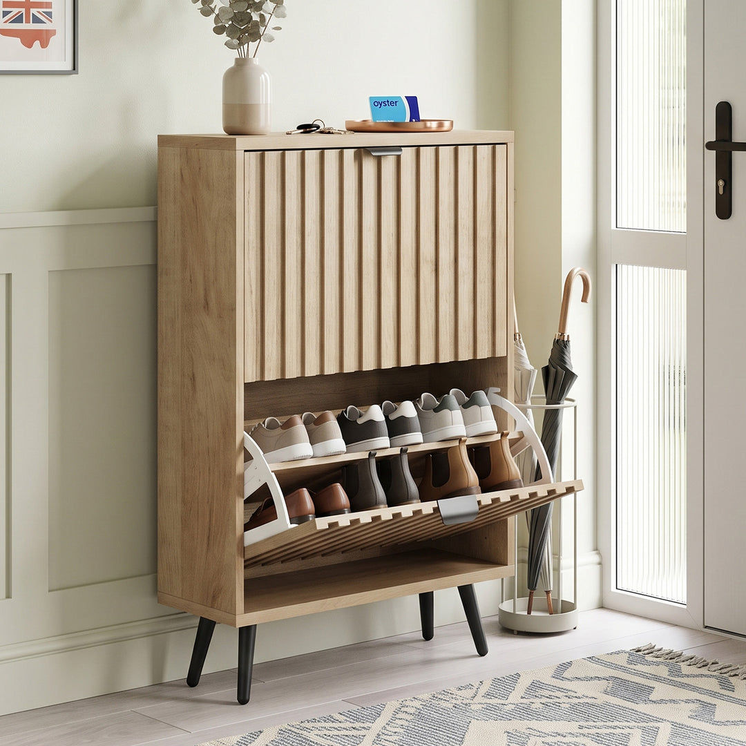 Oak Nordic Style Vertical Striped Multi-Purpose Shoe Cabinet with 2 Tilt-Out 95cm TRUNKWALNUT