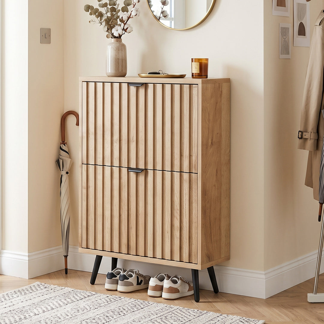 Oak Nordic Style Vertical Striped Multi-Purpose Shoe Cabinet with 2 Tilt-Out 95cm TRUNKWALNUT